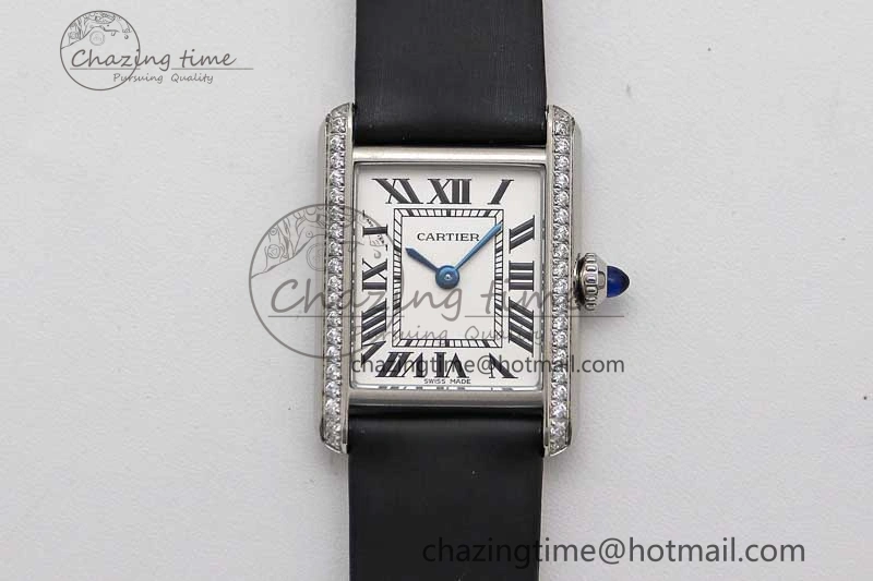 Tank Must Small SS K11F 1:1 Best Edition White Dial Diamonds Bezel on Satin Leather Strap Ronda Quartz