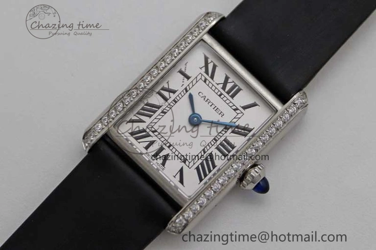 Tank Must Small SS K11F 1:1 Best Edition White Dial Diamonds Bezel on Satin Leather Strap Ronda Quartz