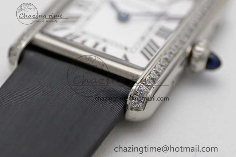 Tank Must Small SS K11F 1:1 Best Edition White Dial Diamonds Bezel on Satin Leather Strap Ronda Quartz