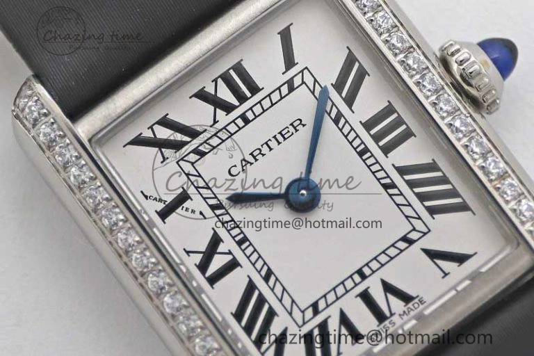 Tank Must Small SS K11F 1:1 Best Edition White Dial Diamonds Bezel on Satin Leather Strap Ronda Quartz