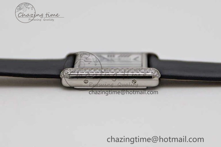 Tank Must Small SS K11F 1:1 Best Edition White Dial Diamonds Bezel on Satin Leather Strap Ronda Quartz