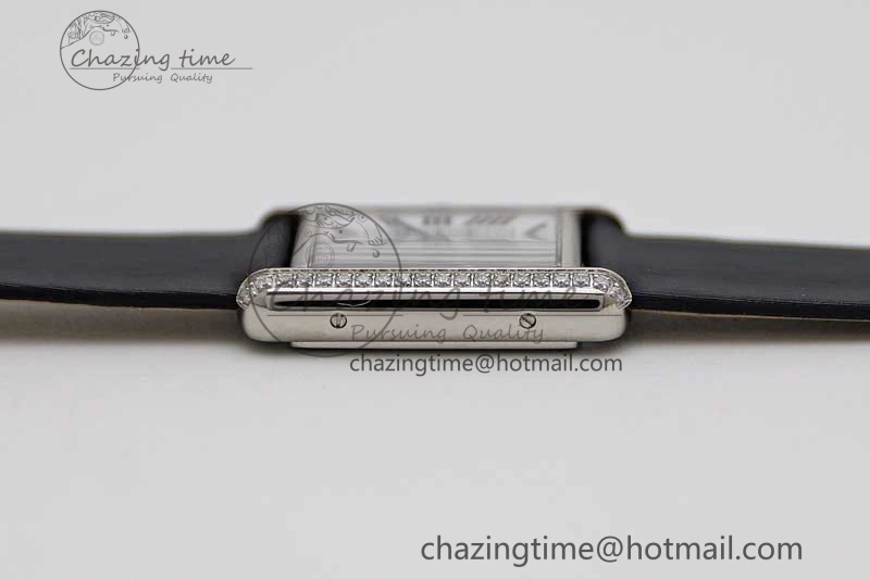 Tank Must Small SS K11F 1:1 Best Edition White Dial Diamonds Bezel on Satin Leather Strap Ronda Quartz