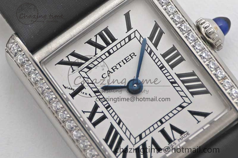 Tank Must Small SS K11F 1:1 Best Edition White Dial Diamonds Bezel on Satin Leather Strap Ronda Quartz