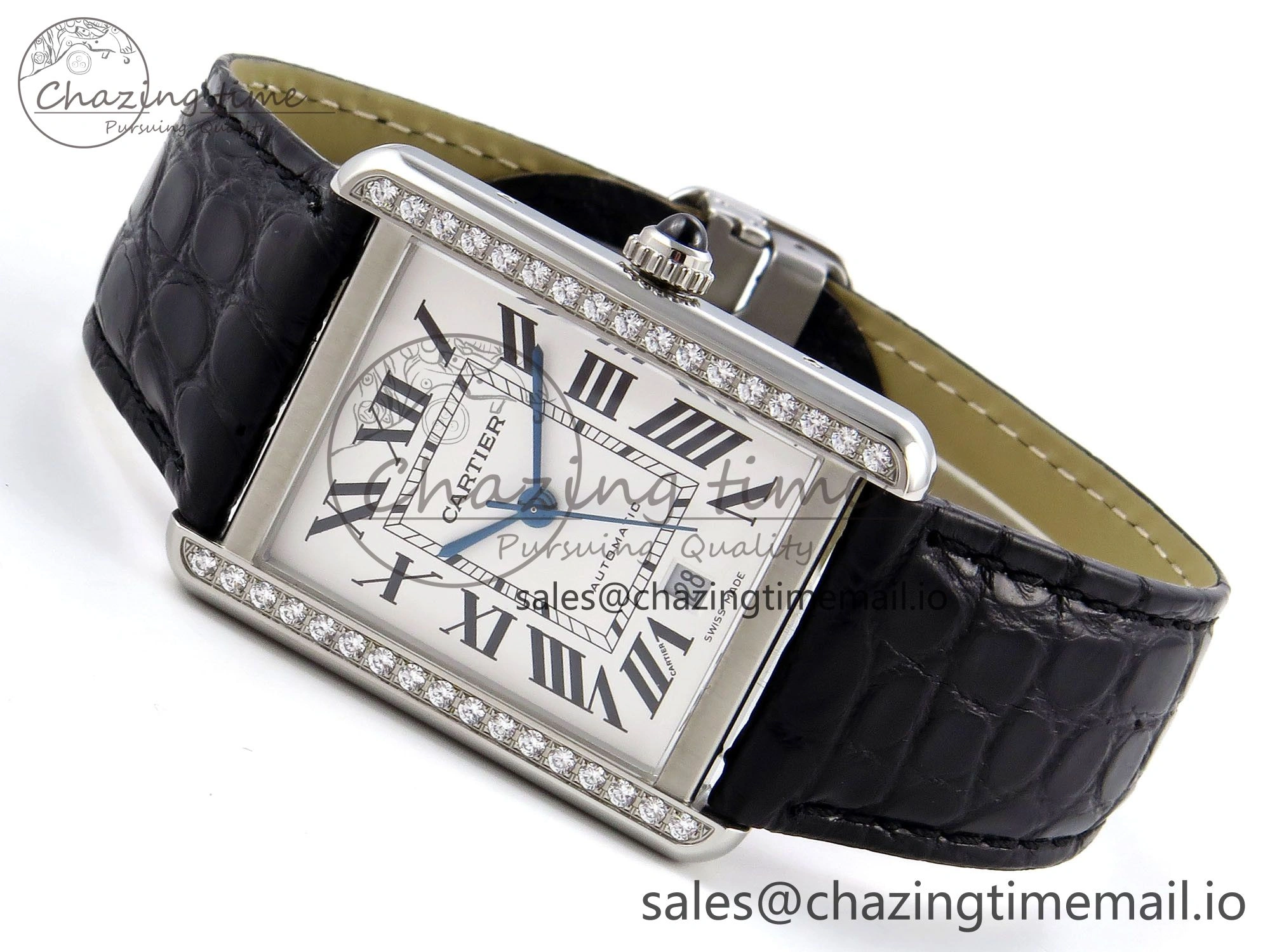 Tank Solo 31mm SS AF 1:1 Best Edition White Dial Diamonds Bezel on Black Croco Strap MIYOTA 9015