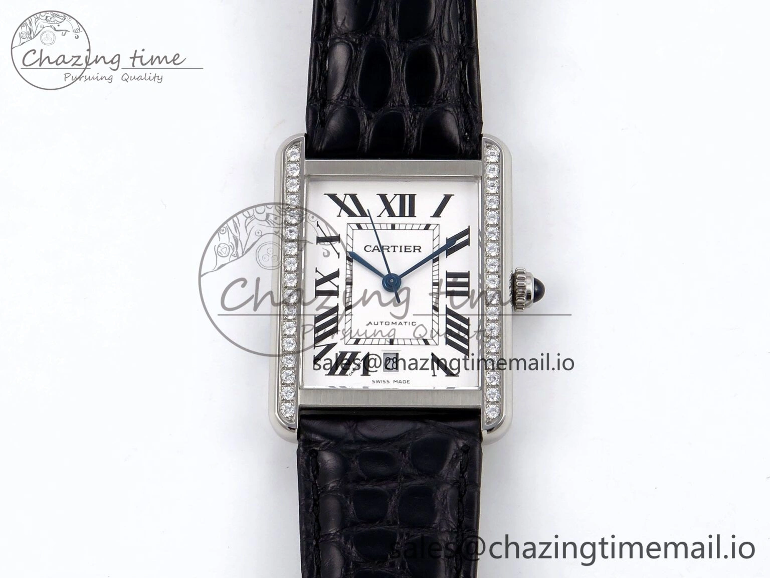Tank Solo 31mm SS AF 1:1 Best Edition White Dial Diamonds Bezel on Black Croco Strap MIYOTA 9015