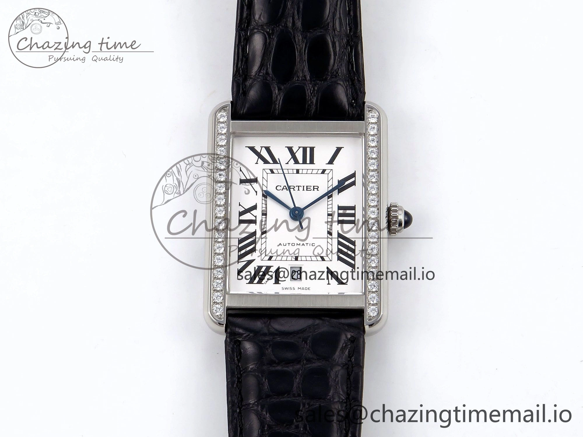 Tank Solo 31mm SS AF 1:1 Best Edition White Dial Diamonds Bezel on Black Croco Strap MIYOTA 9015