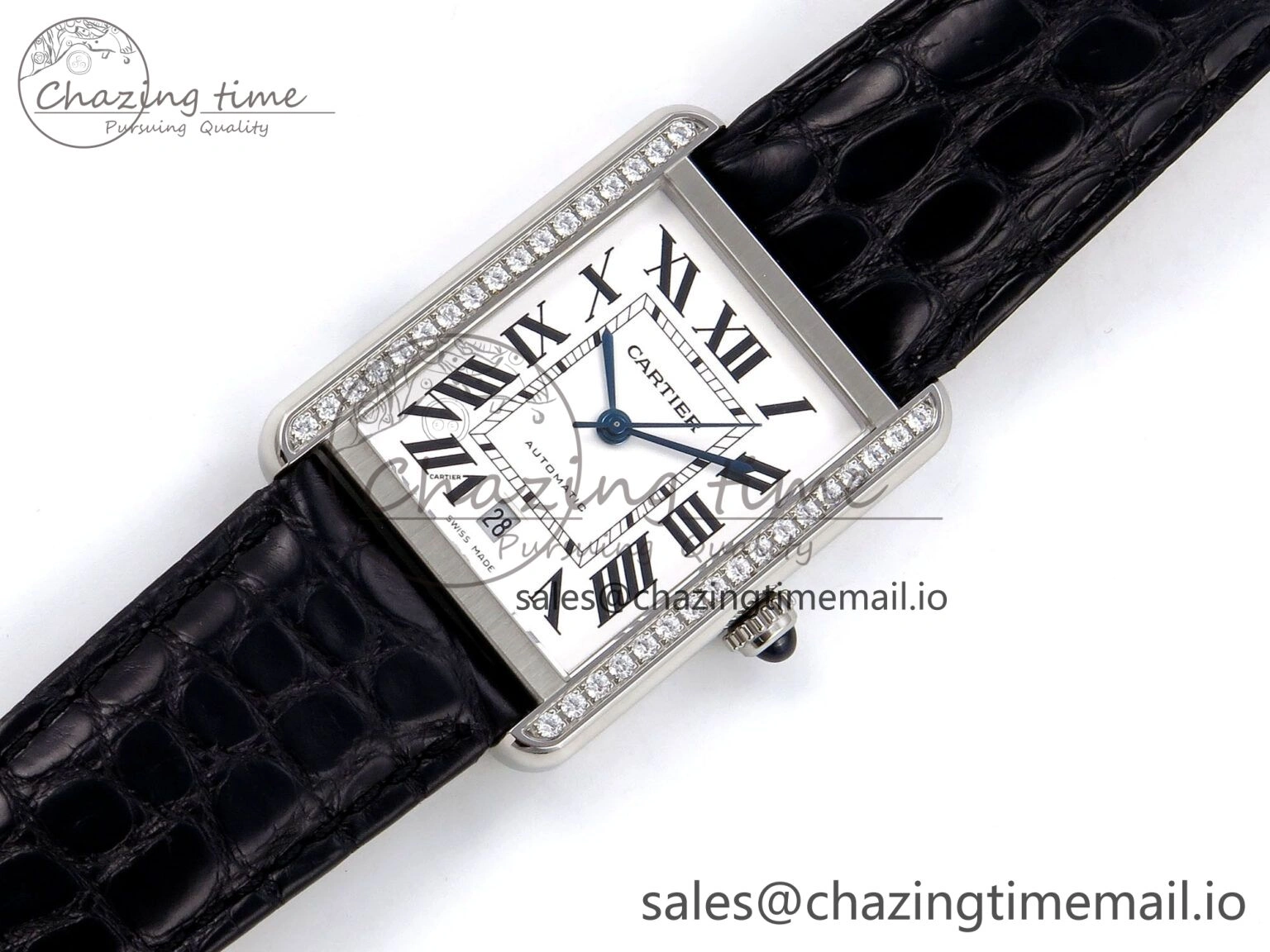 Tank Solo 31mm SS AF 1:1 Best Edition White Dial Diamonds Bezel on Black Croco Strap MIYOTA 9015