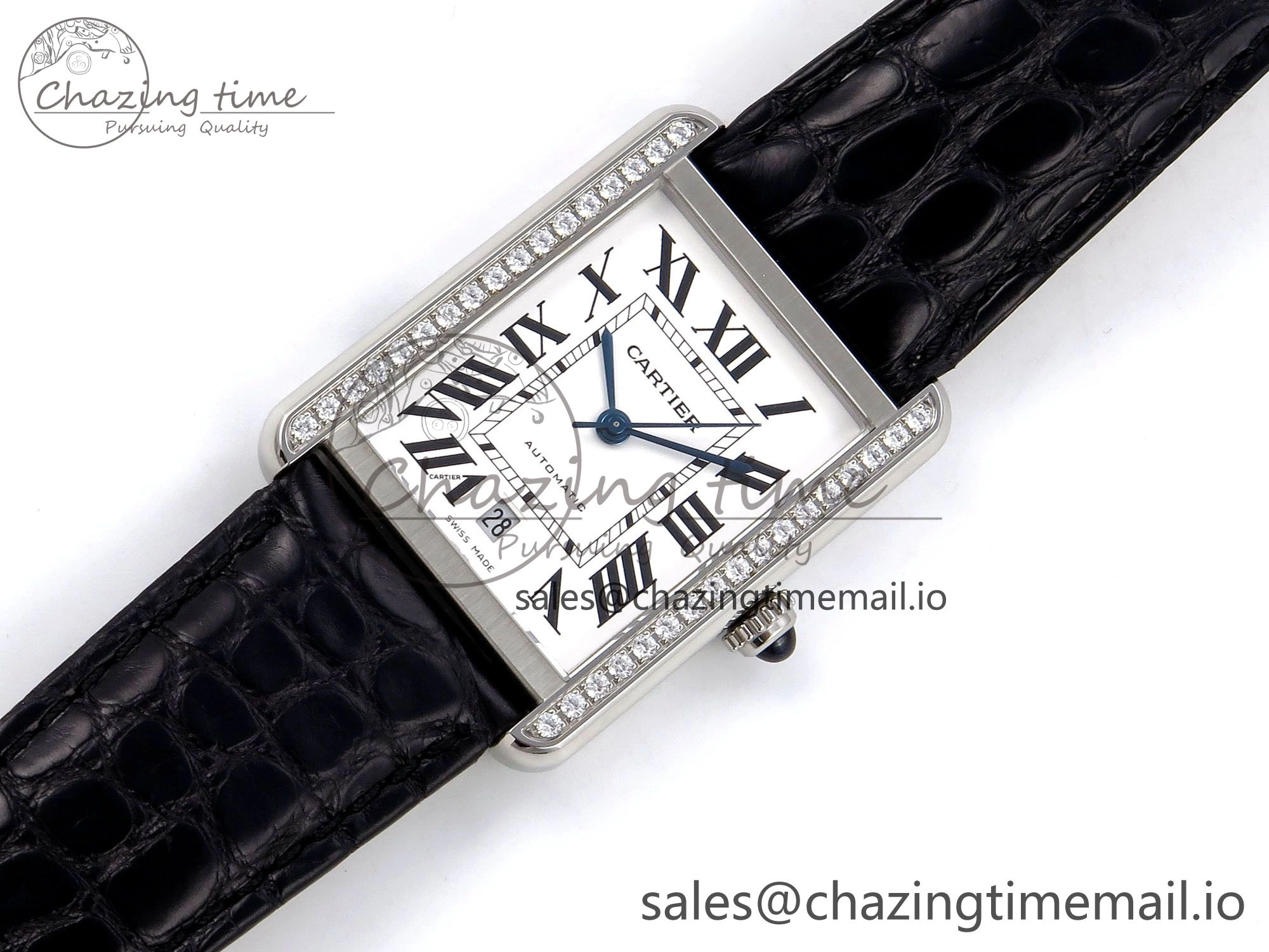 Tank Solo 31mm SS AF 1:1 Best Edition White Dial Diamonds Bezel on Black Croco Strap MIYOTA 9015