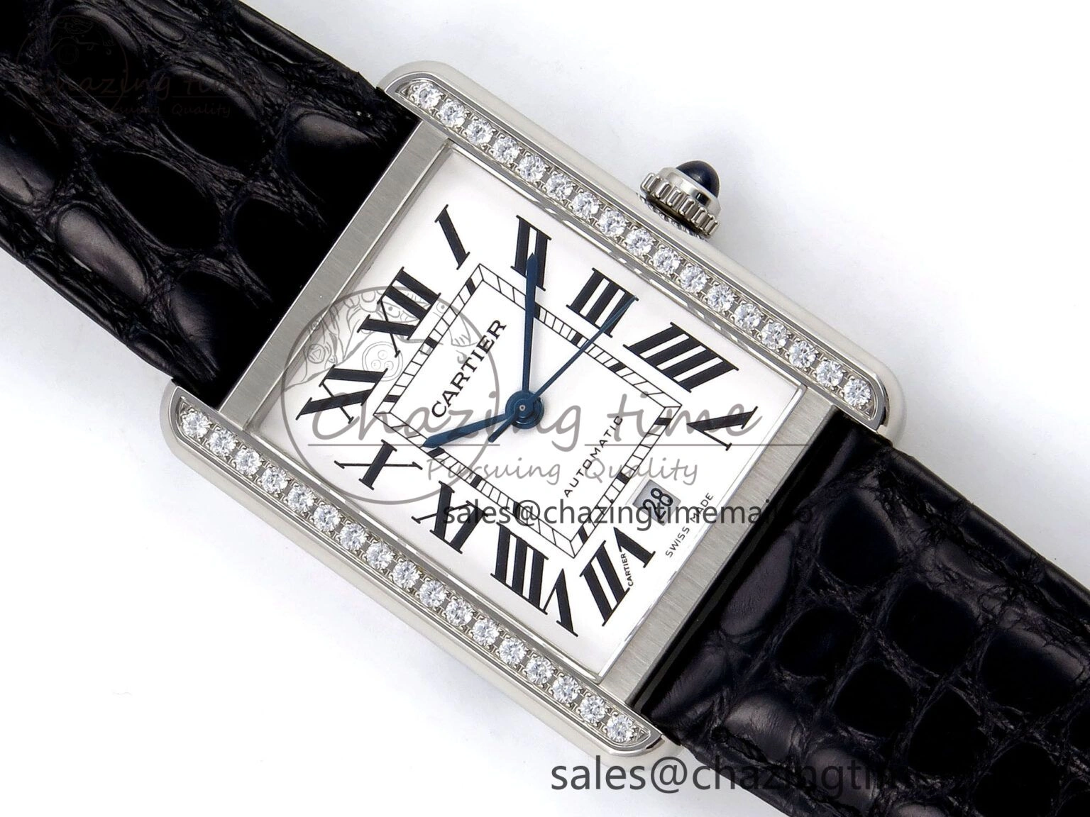 Tank Solo 31mm SS AF 1:1 Best Edition White Dial Diamonds Bezel on Black Croco Strap MIYOTA 9015