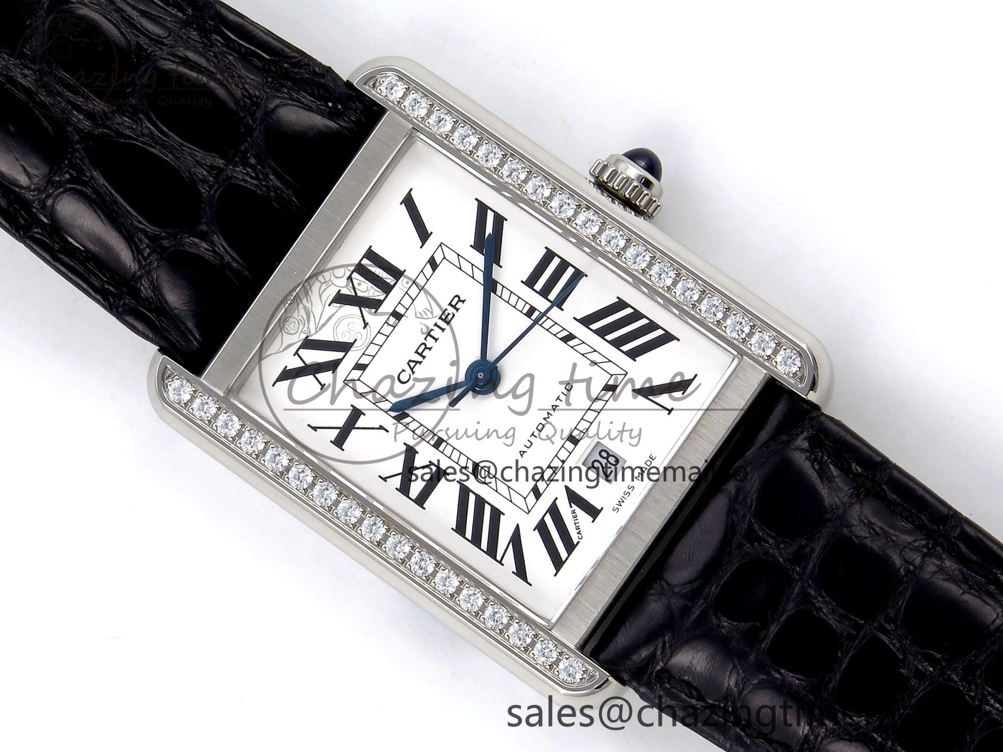 Tank Solo 31mm SS AF 1:1 Best Edition White Dial Diamonds Bezel on Black Croco Strap MIYOTA 9015
