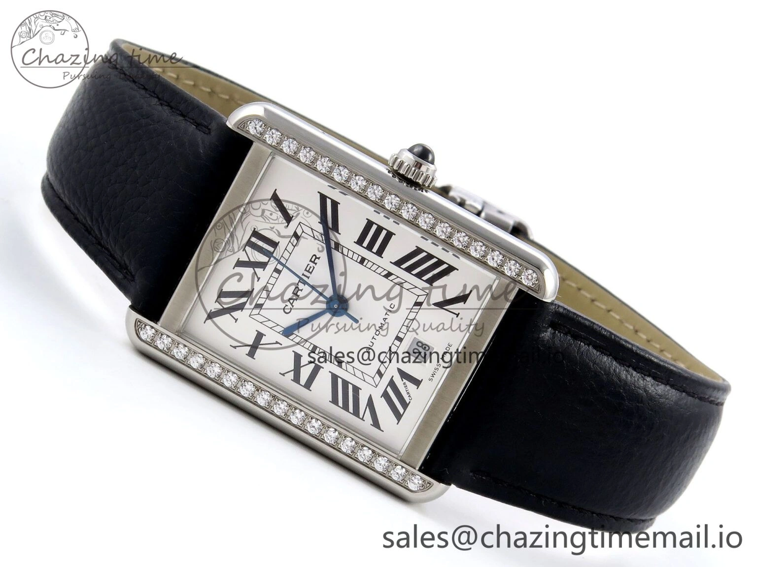 Tank Solo 31mm SS AF 1:1 Best Edition White Dial Diamonds Bezel on Black Leather Strap MIYOTA 9015