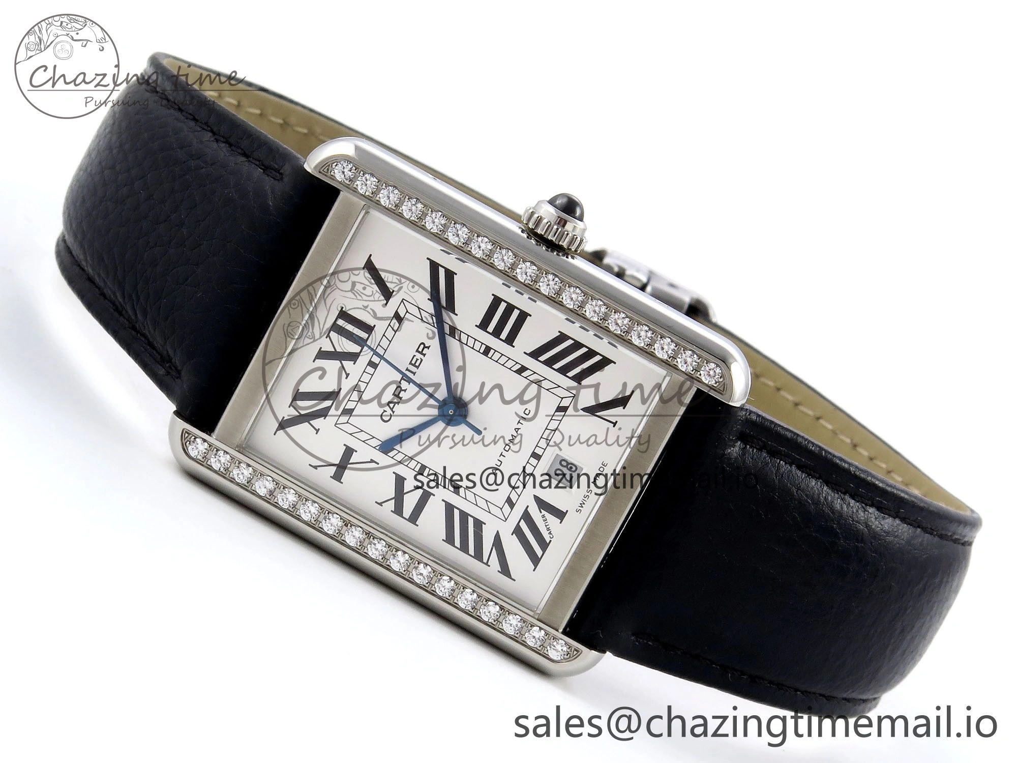 Tank Solo 31mm SS AF 1:1 Best Edition White Dial Diamonds Bezel on Black Leather Strap MIYOTA 9015