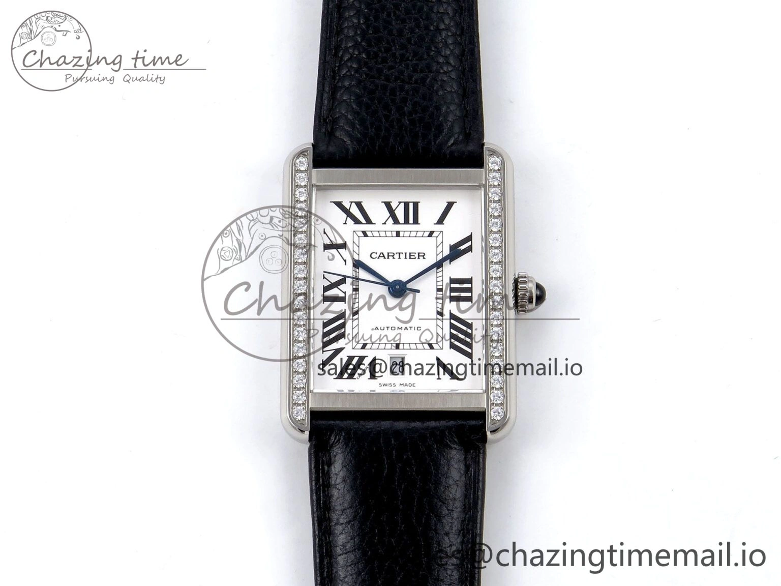 Tank Solo 31mm SS AF 1:1 Best Edition White Dial Diamonds Bezel on Black Leather Strap MIYOTA 9015