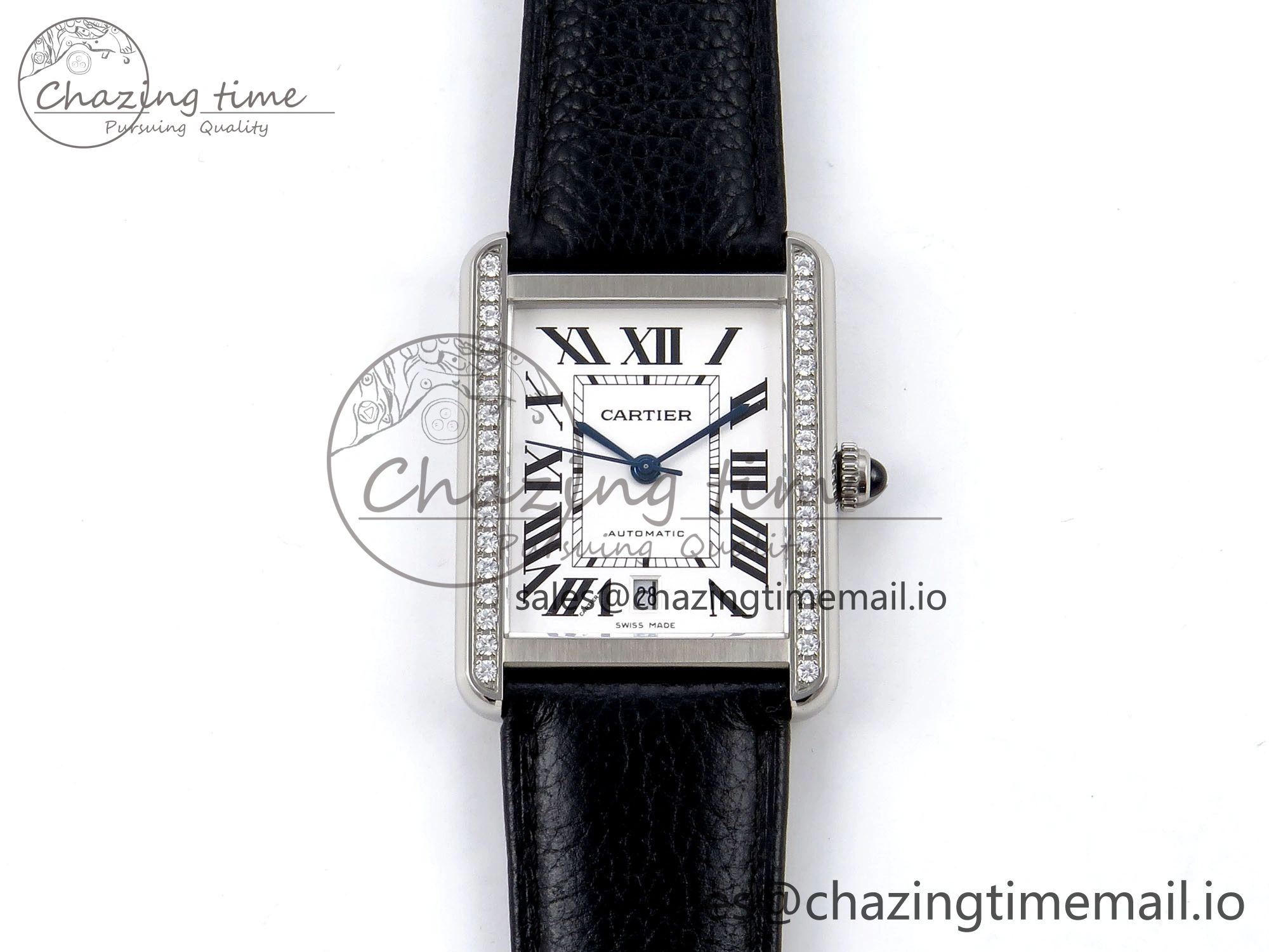 Tank Solo 31mm SS AF 1:1 Best Edition White Dial Diamonds Bezel on Black Leather Strap MIYOTA 9015