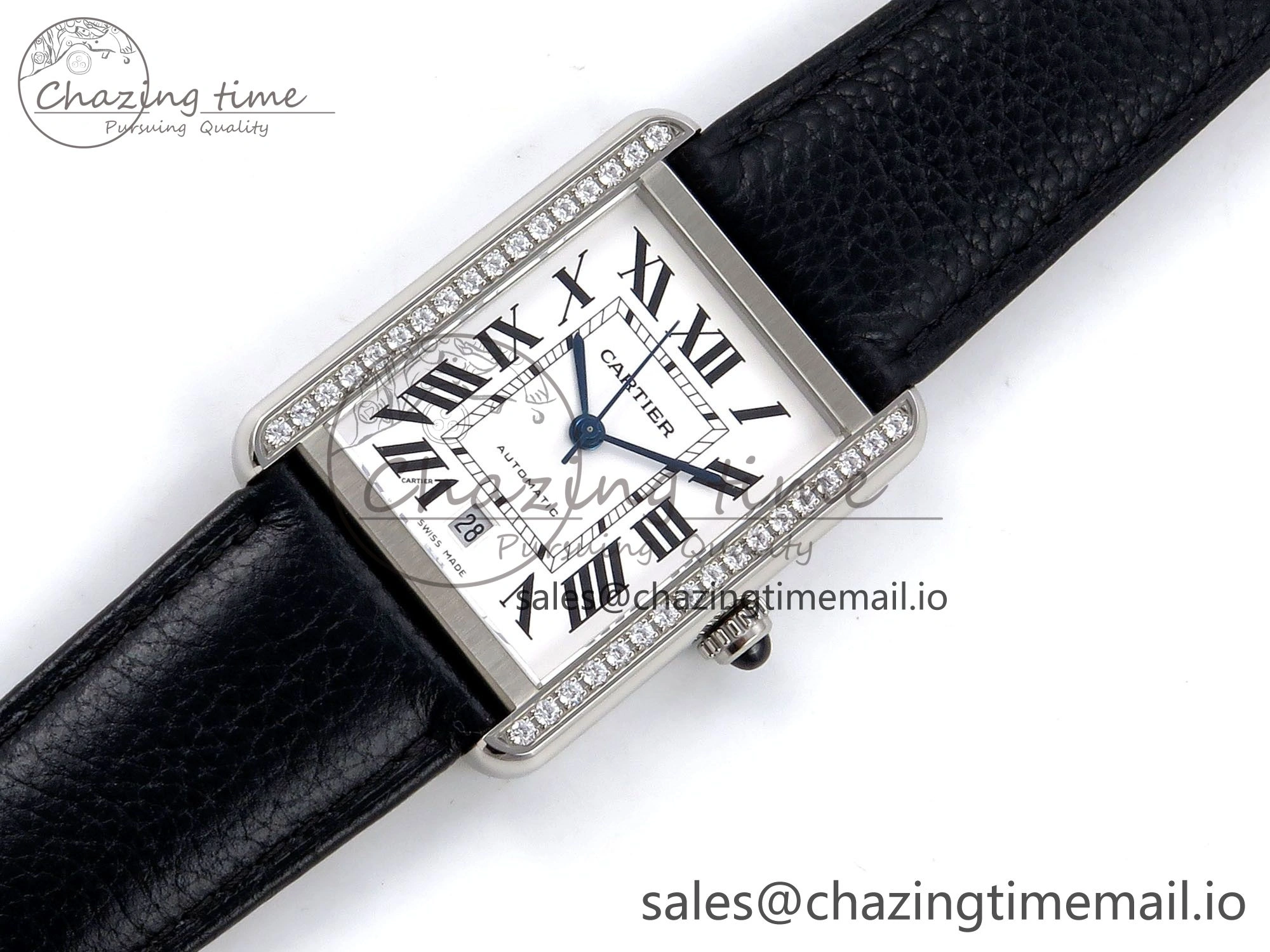 Tank Solo 31mm SS AF 1:1 Best Edition White Dial Diamonds Bezel on Black Leather Strap MIYOTA 9015