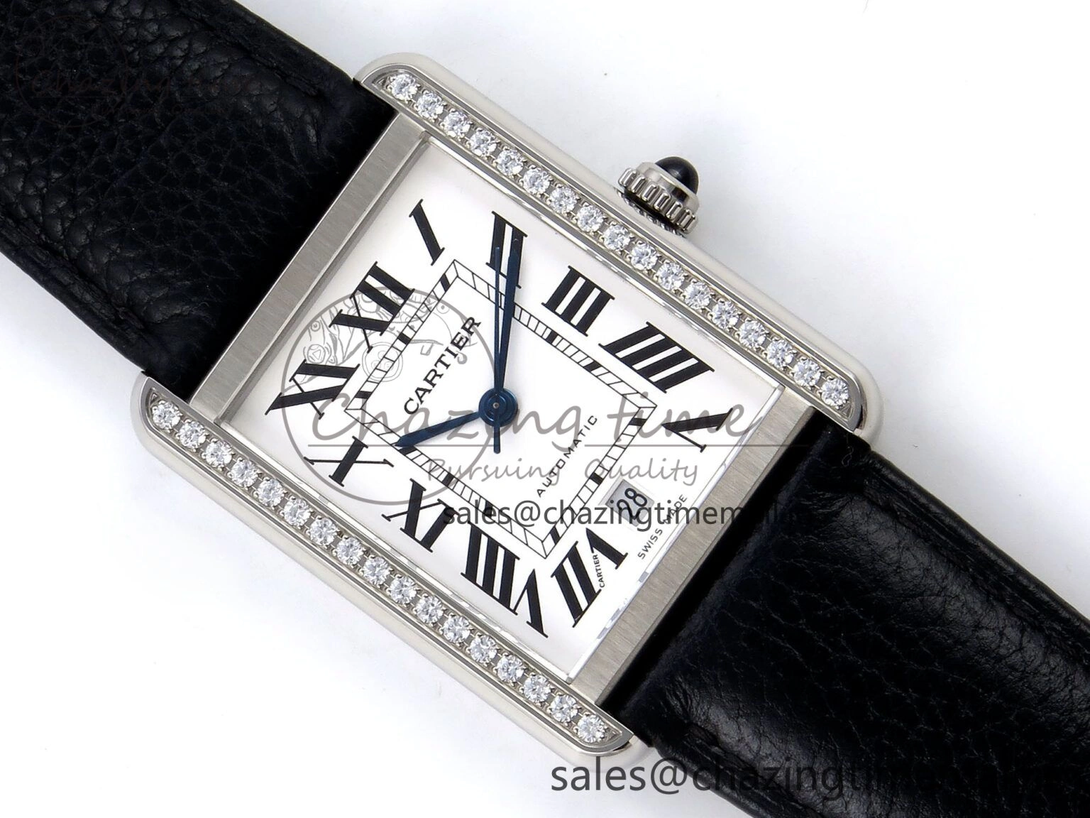 Tank Solo 31mm SS AF 1:1 Best Edition White Dial Diamonds Bezel on Black Leather Strap MIYOTA 9015