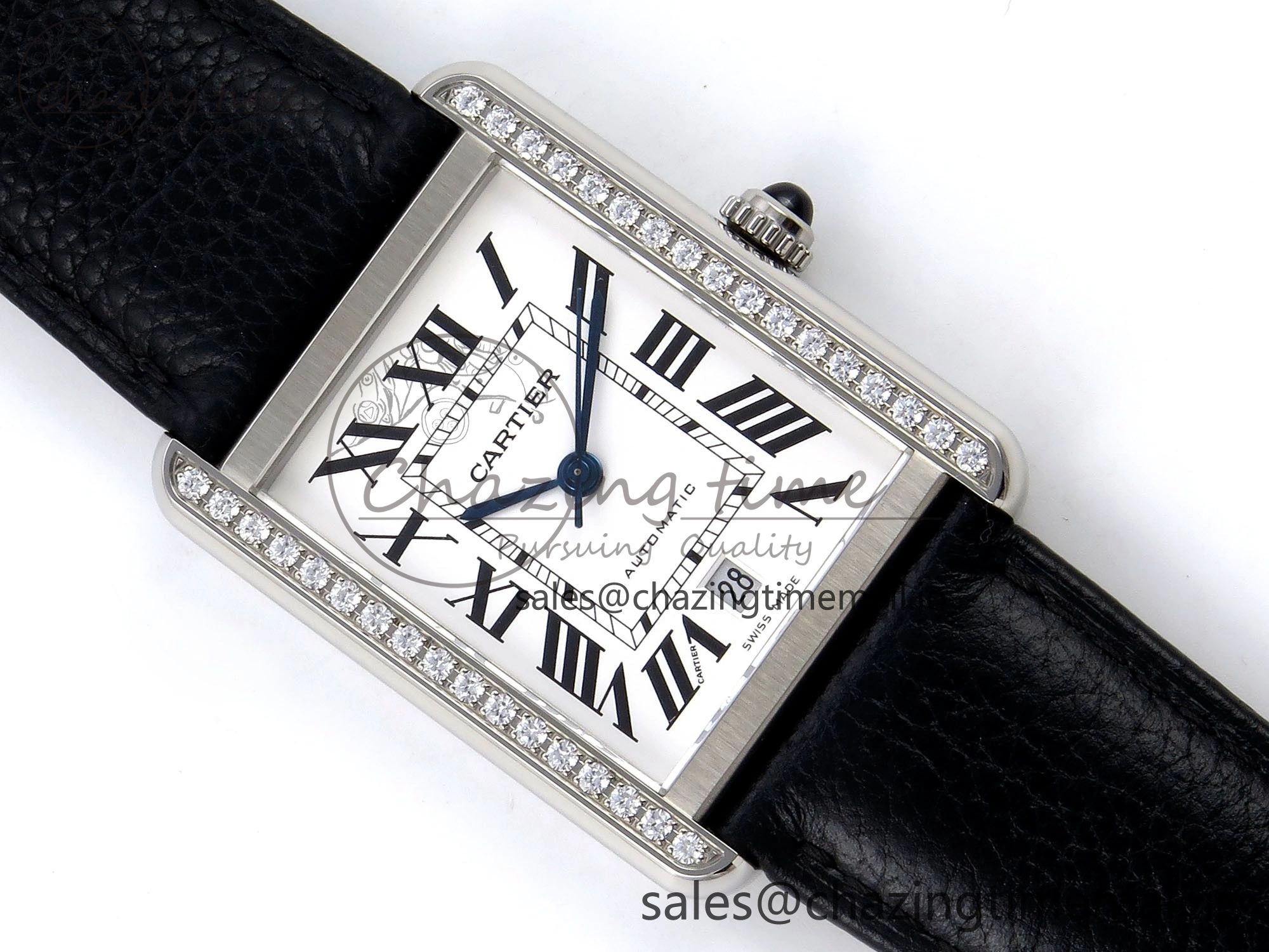 Tank Solo 31mm SS AF 1:1 Best Edition White Dial Diamonds Bezel on Black Leather Strap MIYOTA 9015