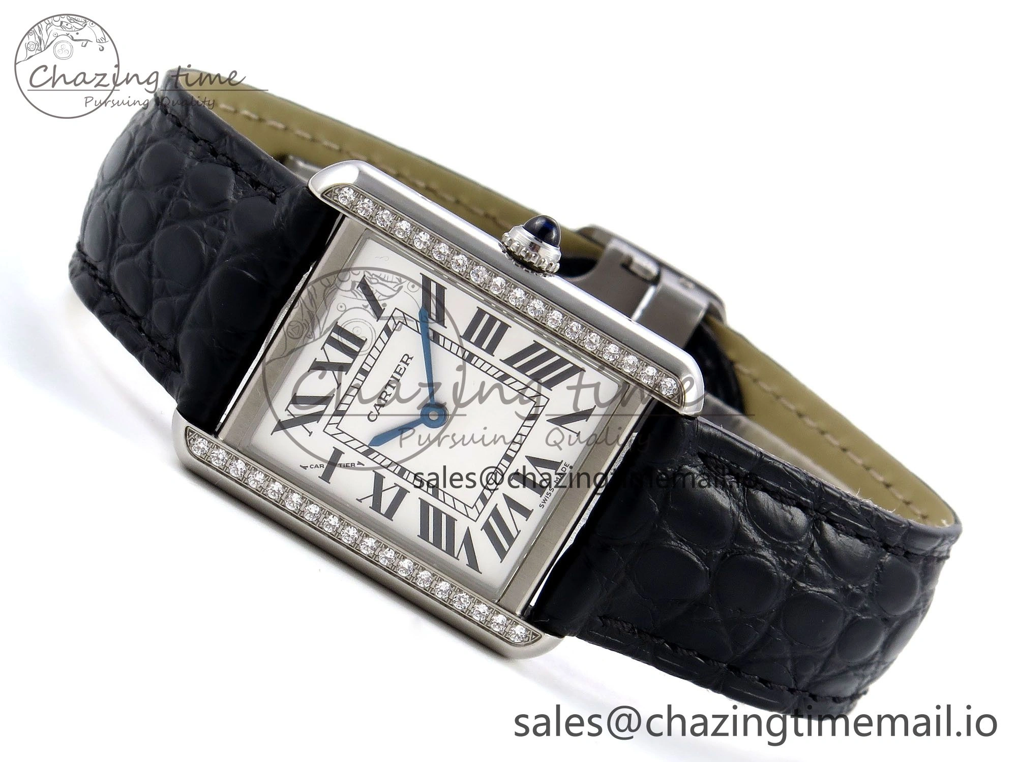 Tank Solo Ladies 25mm SS AF 1:1 Best Edition White Dial Diamonds Bezel on Black Croco Strap Ronda Quartz
