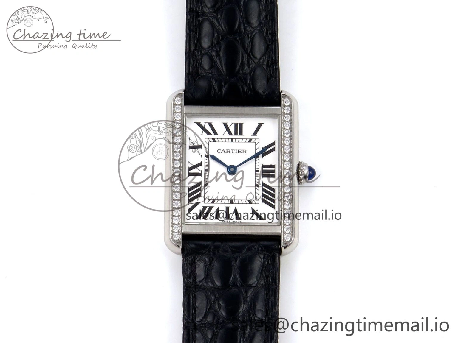 Tank Solo Ladies 25mm SS AF 1:1 Best Edition White Dial Diamonds Bezel on Black Croco Strap Ronda Quartz
