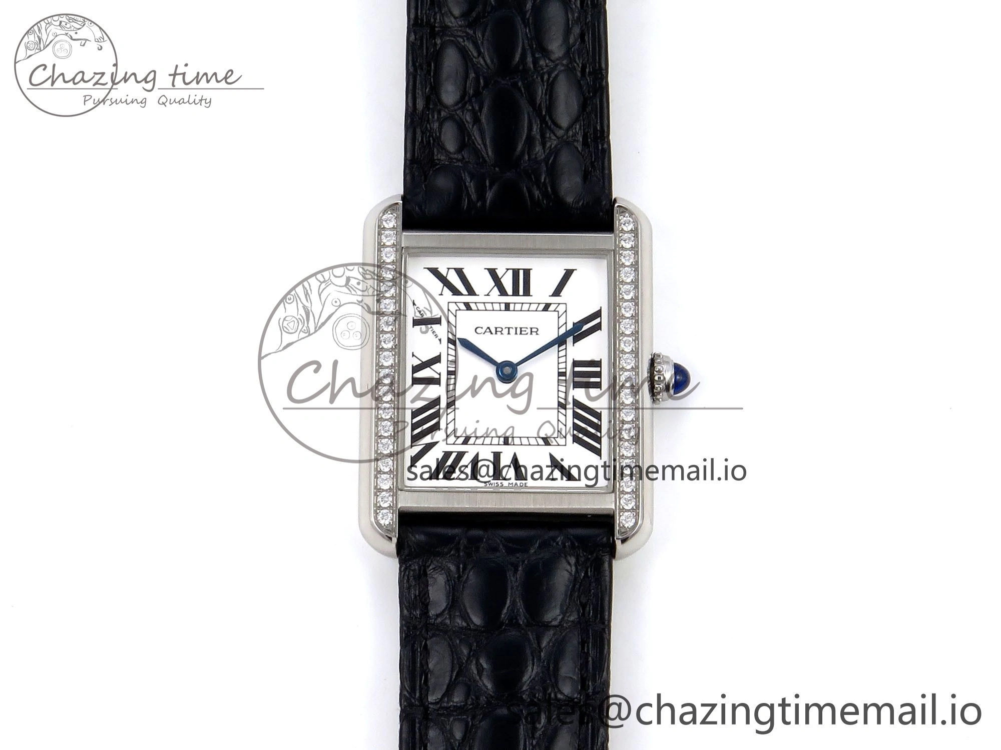 Tank Solo Ladies 25mm SS AF 1:1 Best Edition White Dial Diamonds Bezel on Black Croco Strap Ronda Quartz