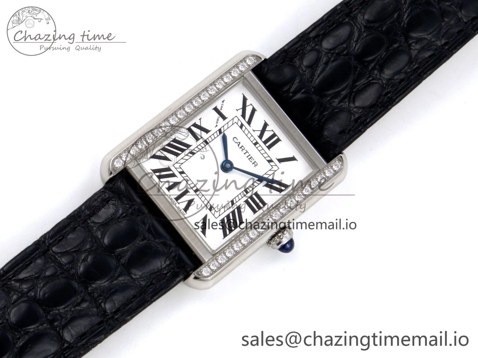 Tank Solo Ladies 25mm SS AF 1:1 Best Edition White Dial Diamonds Bezel on Black Croco Strap Ronda Quartz