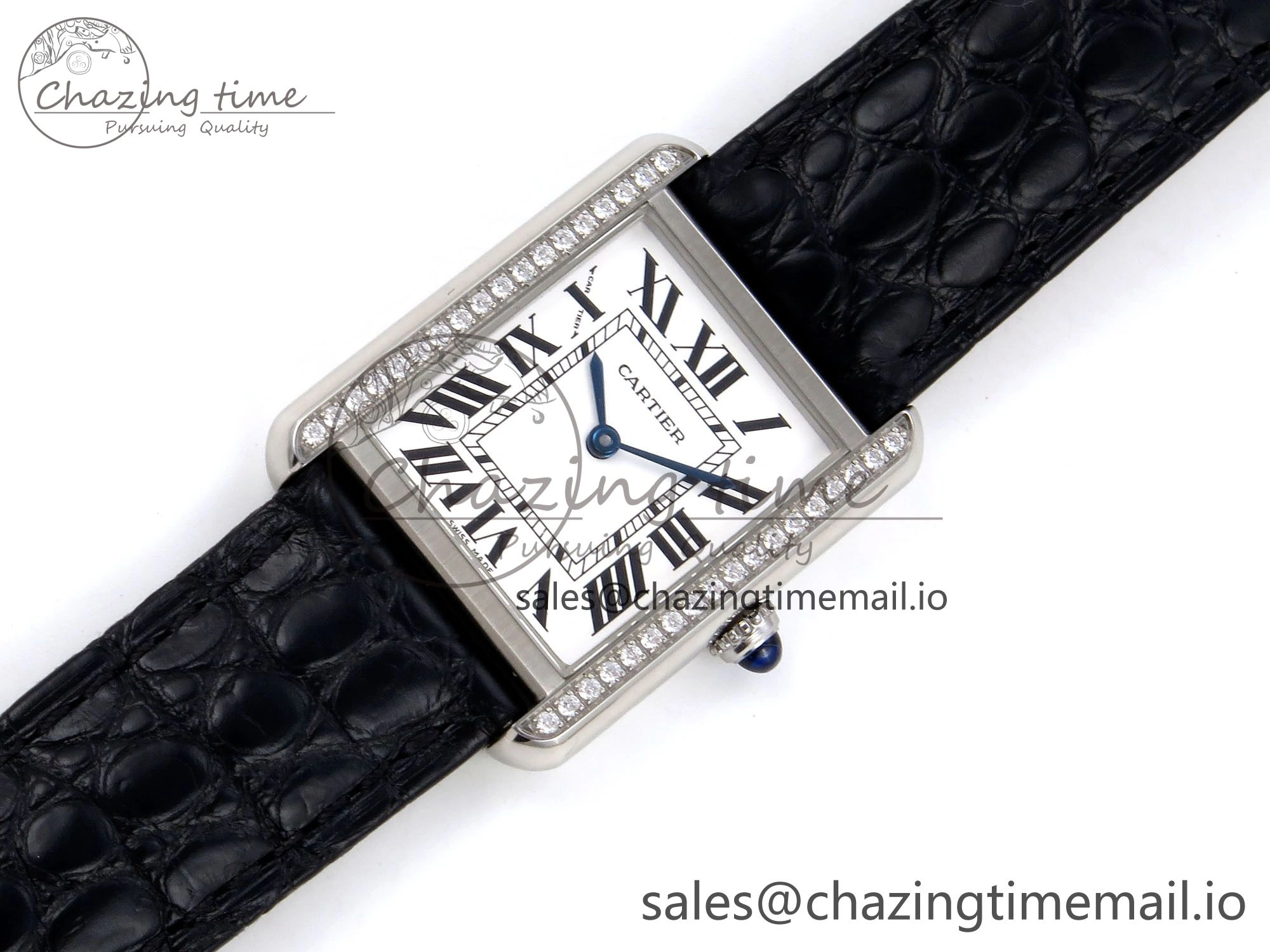 Tank Solo Ladies 25mm SS AF 1:1 Best Edition White Dial Diamonds Bezel on Black Croco Strap Ronda Quartz