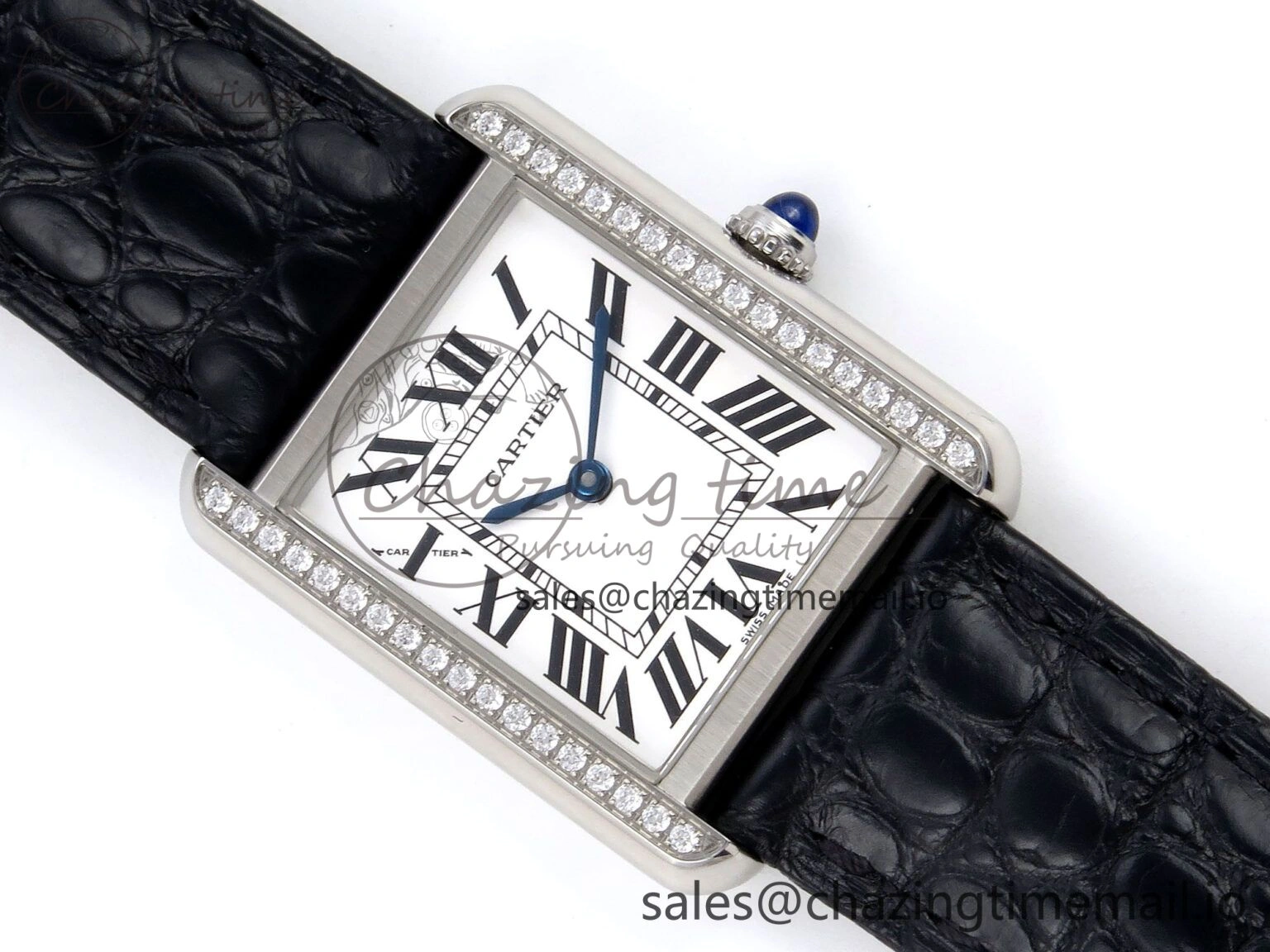Tank Solo Ladies 25mm SS AF 1:1 Best Edition White Dial Diamonds Bezel on Black Croco Strap Ronda Quartz