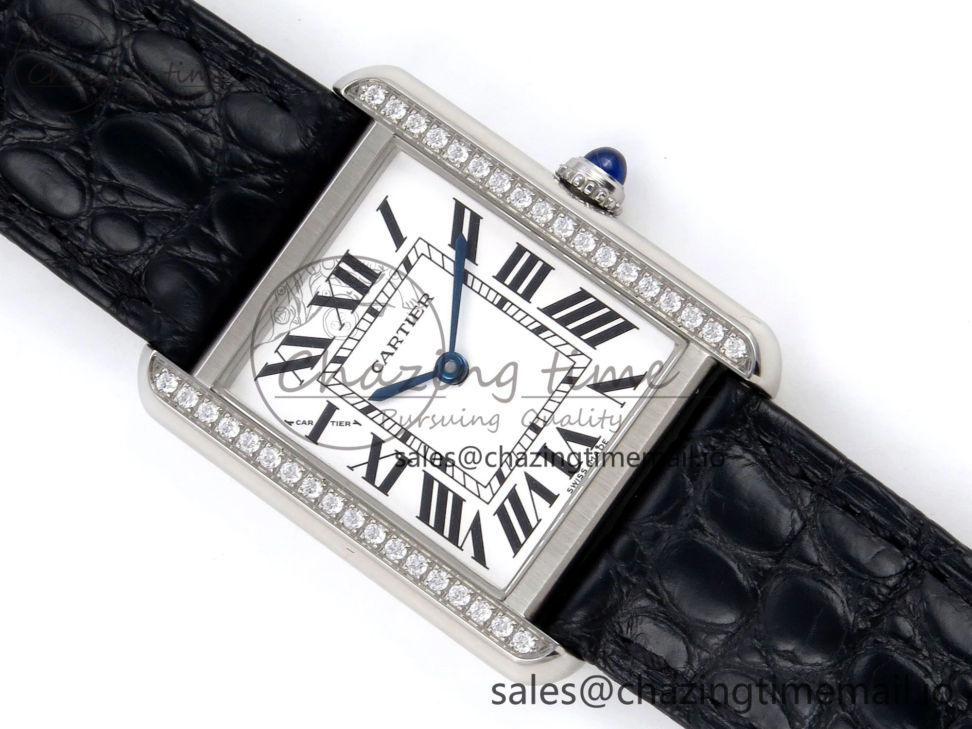 Tank Solo Ladies 25mm SS AF 1:1 Best Edition White Dial Diamonds Bezel on Black Croco Strap Ronda Quartz