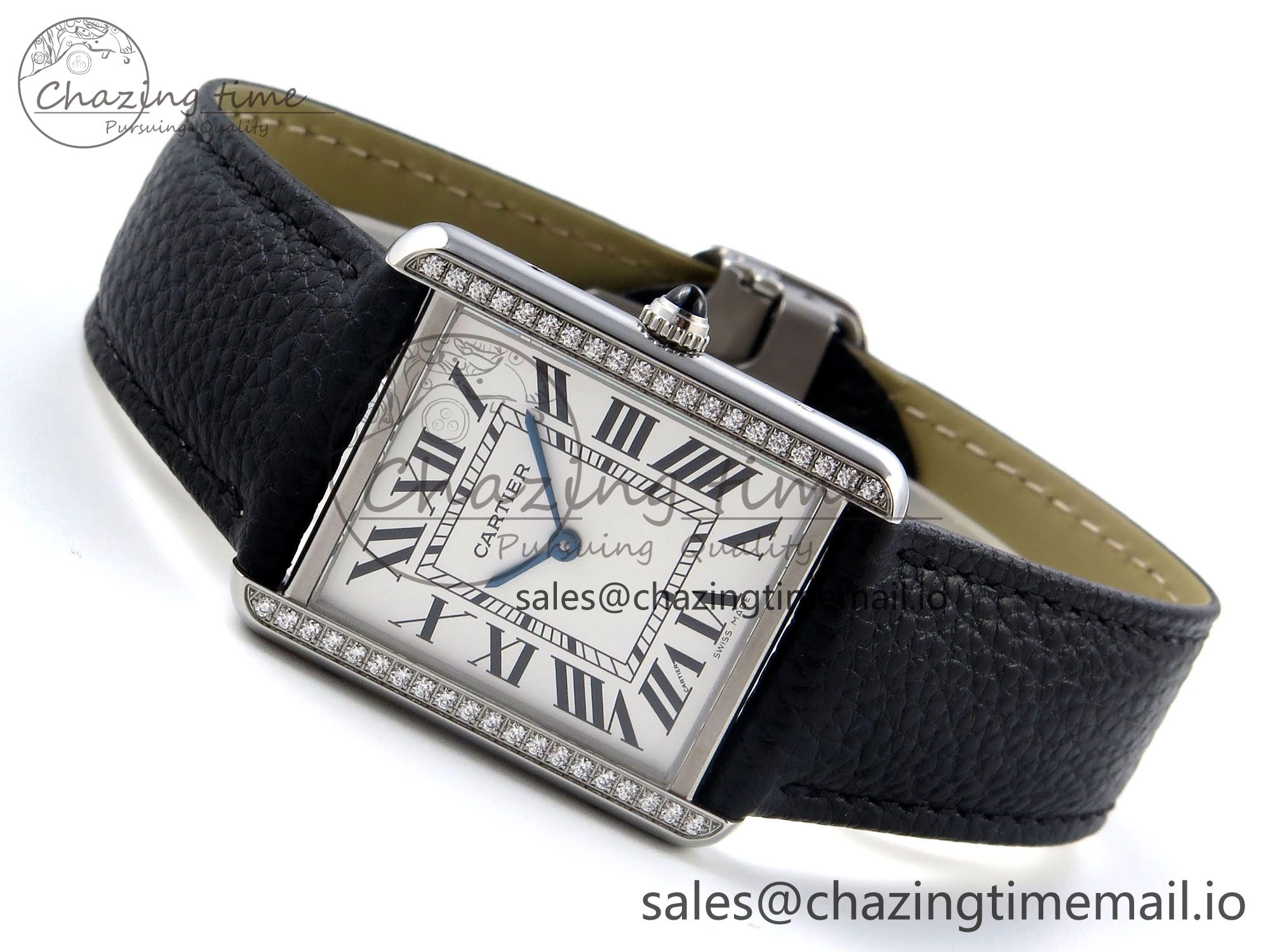 Tank Solo Ladies 25mm SS AF 1:1 Best Edition White Dial Diamonds Bezel on Black Leather Strap Ronda Quartz