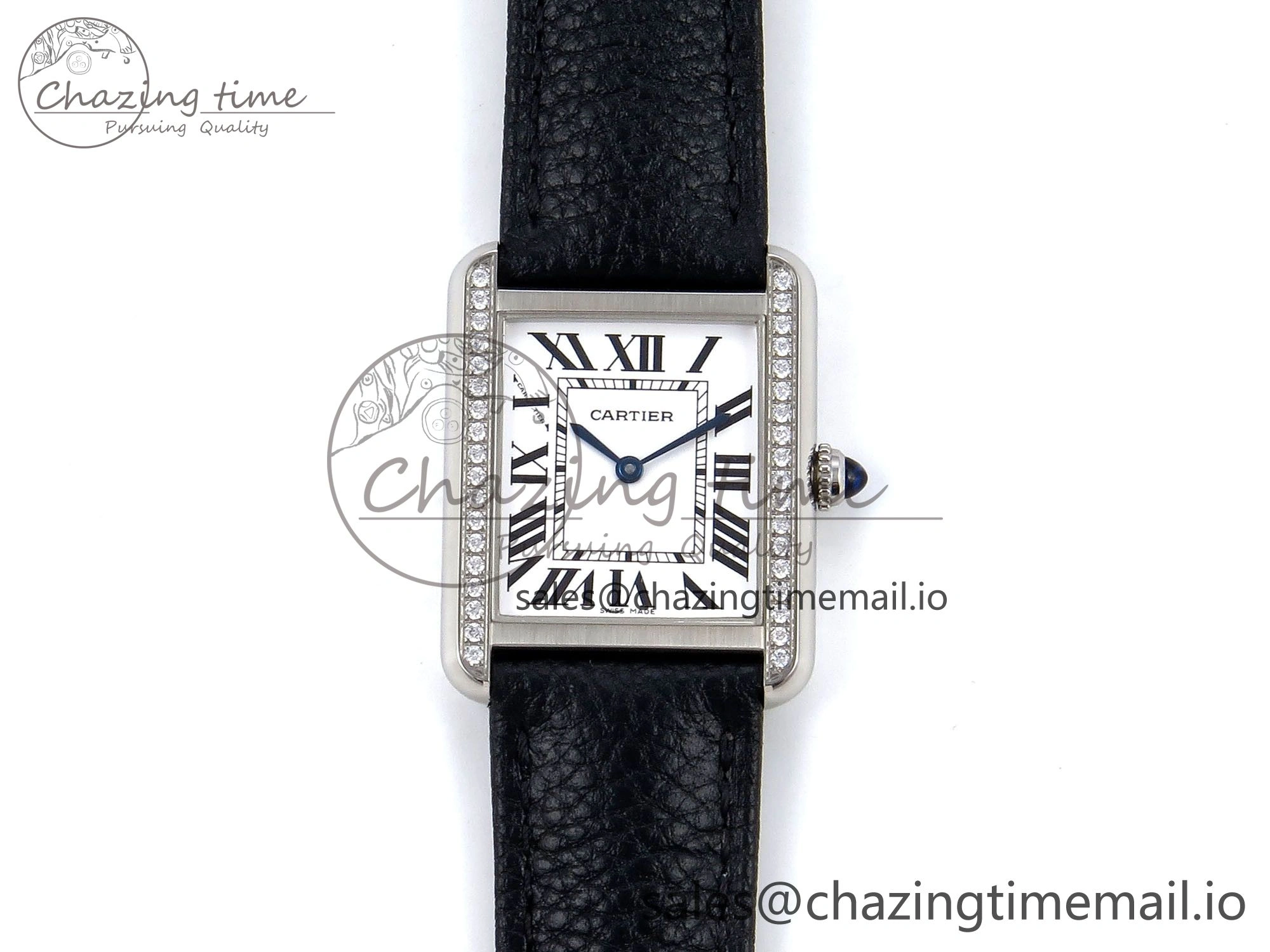 Tank Solo Ladies 25mm SS AF 1:1 Best Edition White Dial Diamonds Bezel on Black Leather Strap Ronda Quartz