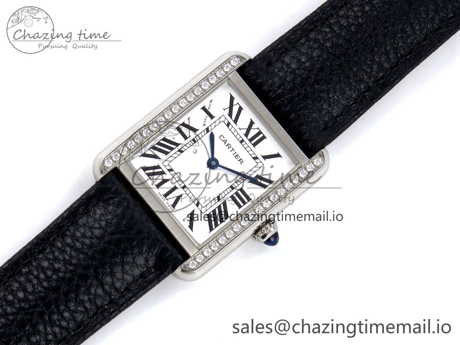 Tank Solo Ladies 25mm SS AF 1:1 Best Edition White Dial Diamonds Bezel on Black Leather Strap Ronda Quartz