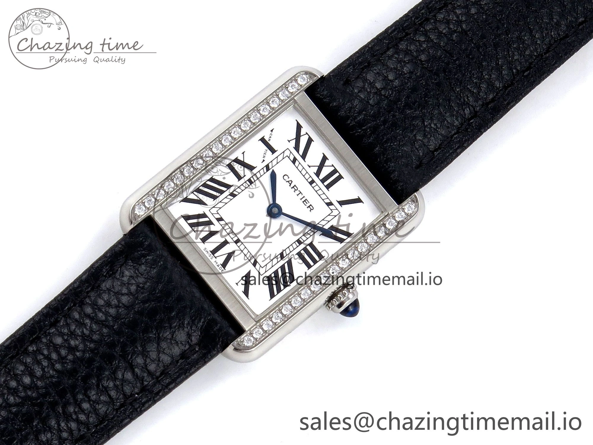 Tank Solo Ladies 25mm SS AF 1:1 Best Edition White Dial Diamonds Bezel on Black Leather Strap Ronda Quartz