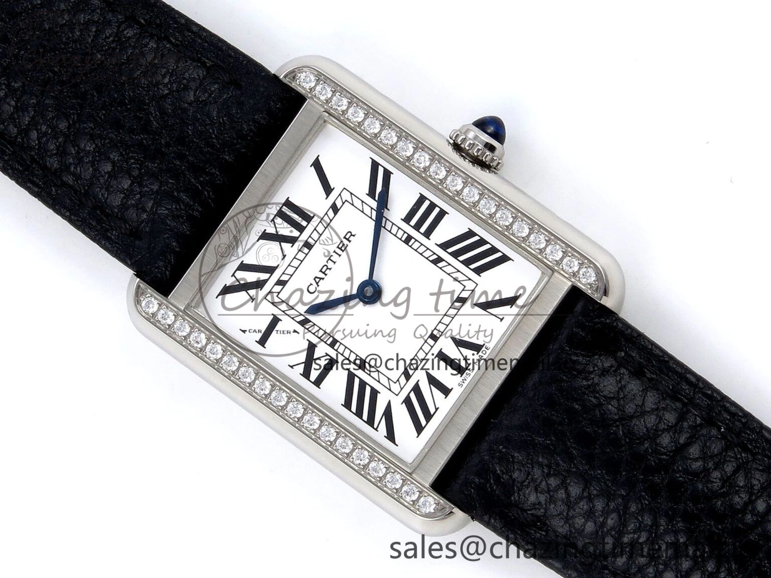 Tank Solo Ladies 25mm SS AF 1:1 Best Edition White Dial Diamonds Bezel on Black Leather Strap Ronda Quartz