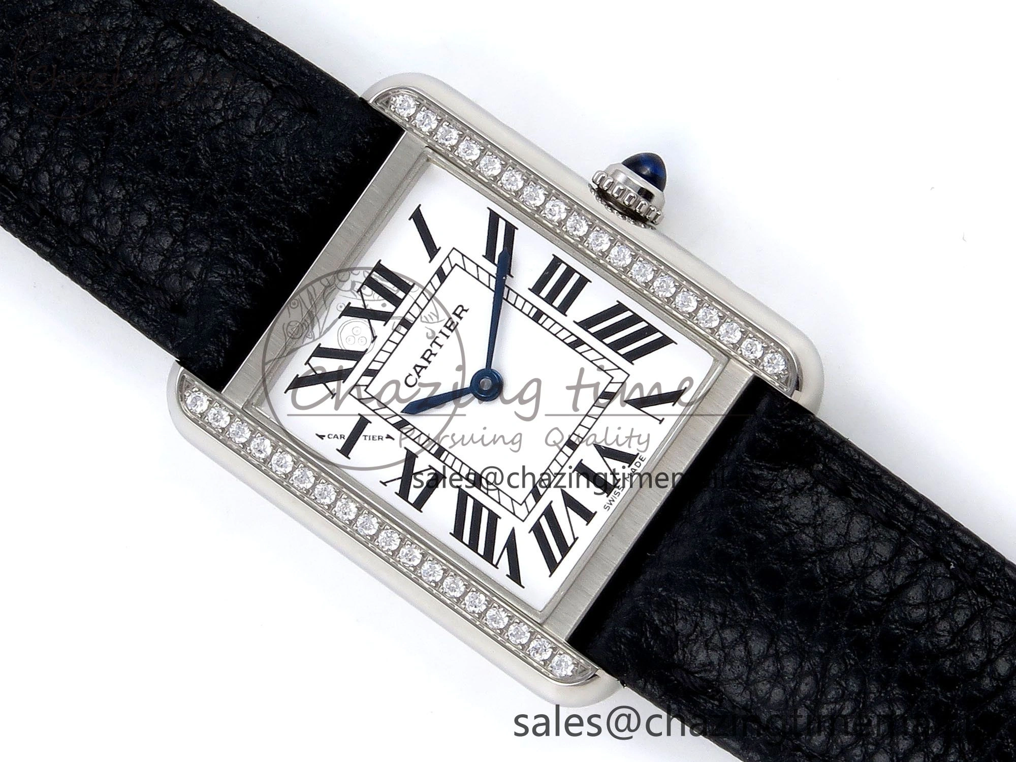 Tank Solo Ladies 25mm SS AF 1:1 Best Edition White Dial Diamonds Bezel on Black Leather Strap Ronda Quartz