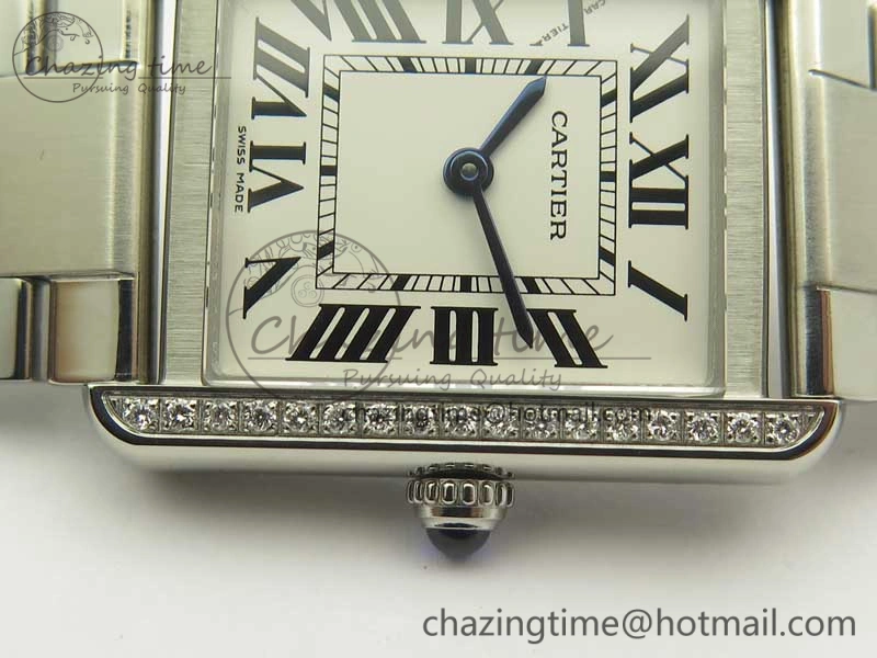 Tank Solo Ladies 25mm SS Diamond Bezel K11F 1:1 Best Edition White Dial on SS Bracelet Ronda Quartz
