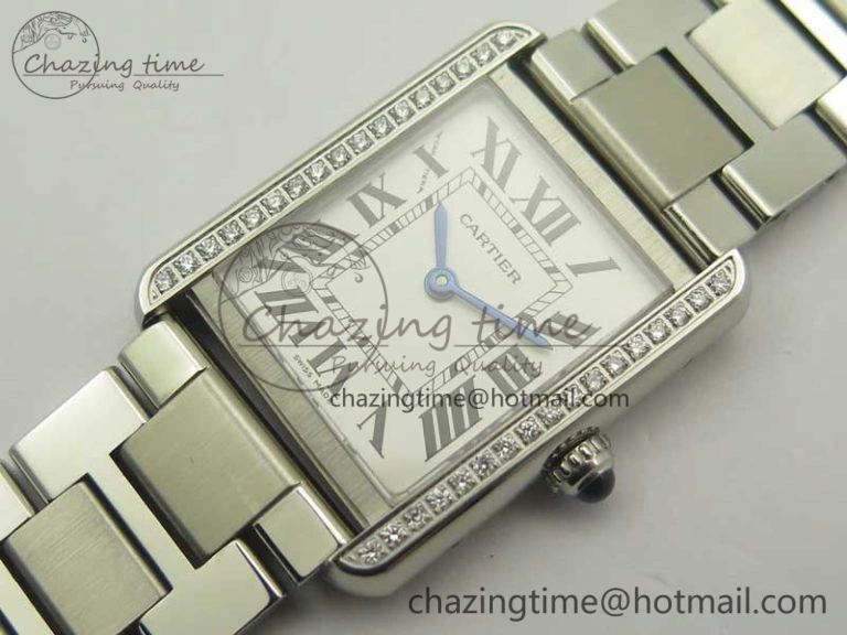 Tank Solo Ladies 25mm SS Diamond Bezel K11F 1:1 Best Edition White Dial on SS Bracelet Ronda Quartz