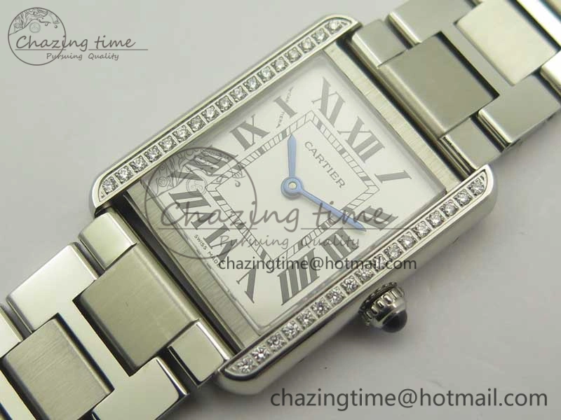 Tank Solo Ladies 25mm SS Diamond Bezel K11F 1:1 Best Edition White Dial on SS Bracelet Ronda Quartz