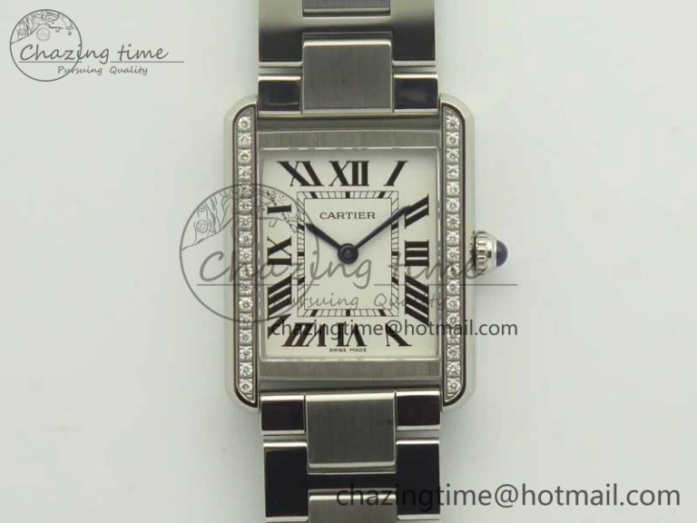 Tank Solo Ladies 25mm SS Diamond Bezel K11F 1:1 Best Edition White Dial on SS Bracelet Ronda Quartz