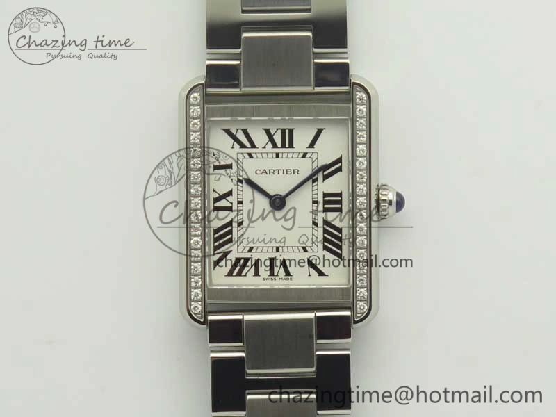 Tank Solo Ladies 25mm SS Diamond Bezel K11F 1:1 Best Edition White Dial on SS Bracelet Ronda Quartz