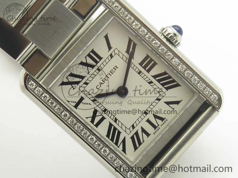 Tank Solo Ladies 25mm SS Diamond Bezel K11F 1:1 Best Edition White Dial on SS Bracelet Ronda Quartz