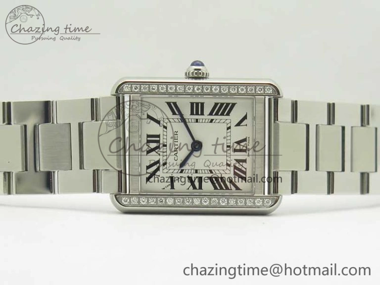 Tank Solo Ladies 25mm SS Diamond Bezel K11F 1:1 Best Edition White Dial on SS Bracelet Ronda Quartz