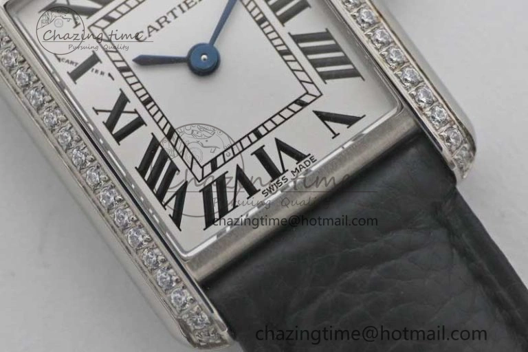 Tank Solo Ladies 25mm SS K11F 1:1 Best Edition White Dial Diamonds Bezel on Black Leather Strap Ronda Quartz