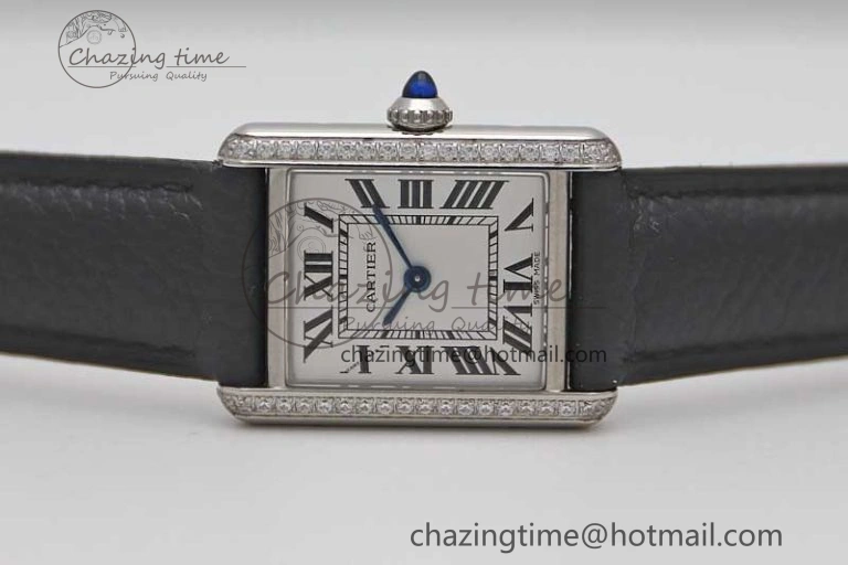 Tank Solo Ladies 25mm SS K11F 1:1 Best Edition White Dial Diamonds Bezel on Black Leather Strap Ronda Quartz