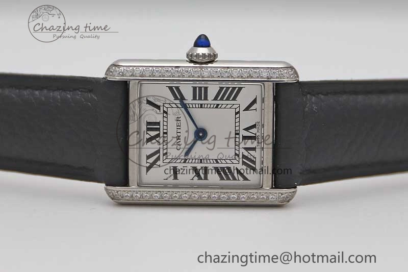 Tank Solo Ladies 25mm SS K11F 1:1 Best Edition White Dial Diamonds Bezel on Black Leather Strap Ronda Quartz
