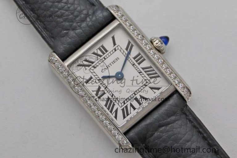 Tank Solo Ladies 25mm SS K11F 1:1 Best Edition White Dial Diamonds Bezel on Black Leather Strap Ronda Quartz