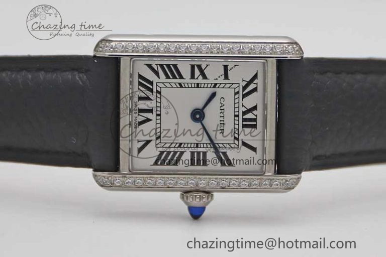 Tank Solo Ladies 25mm SS K11F 1:1 Best Edition White Dial Diamonds Bezel on Black Leather Strap Ronda Quartz