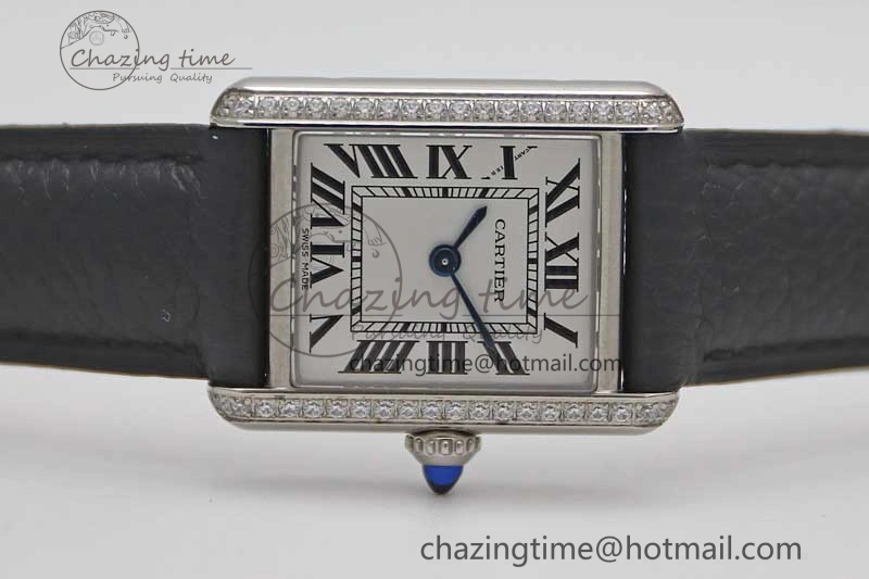 Tank Solo Ladies 25mm SS K11F 1:1 Best Edition White Dial Diamonds Bezel on Black Leather Strap Ronda Quartz