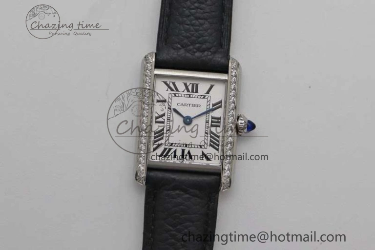 Tank Solo Ladies 25mm SS K11F 1:1 Best Edition White Dial Diamonds Bezel on Black Leather Strap Ronda Quartz