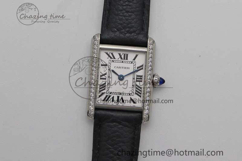 Tank Solo Ladies 25mm SS K11F 1:1 Best Edition White Dial Diamonds Bezel on Black Leather Strap Ronda Quartz