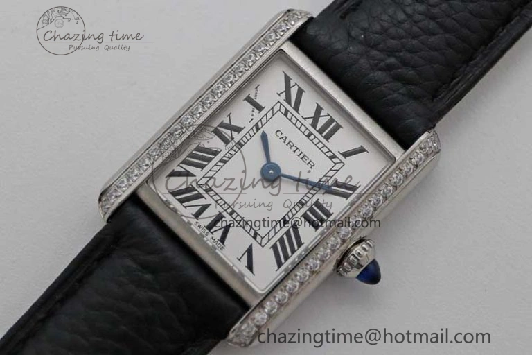 Tank Solo Ladies 25mm SS K11F 1:1 Best Edition White Dial Diamonds Bezel on Black Leather Strap Ronda Quartz